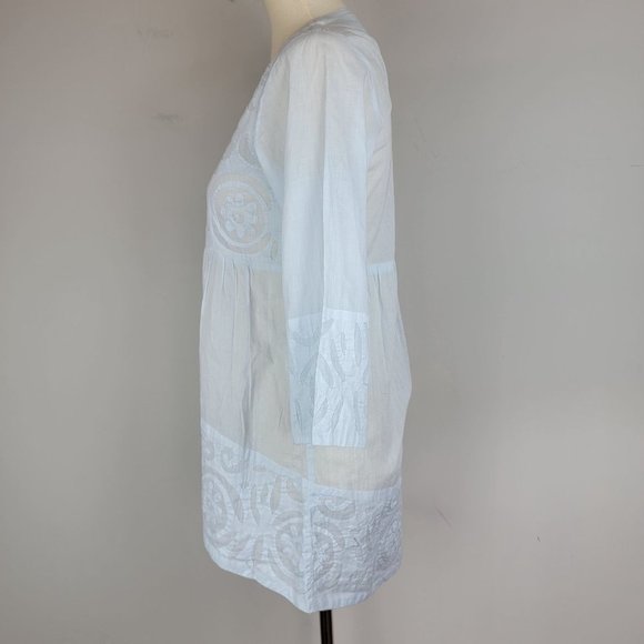 Le Cera Hand Sewed Blue Floral Patchwork Button Beach Cover Up Sheer Tunic Top S - Picture 2 of 15